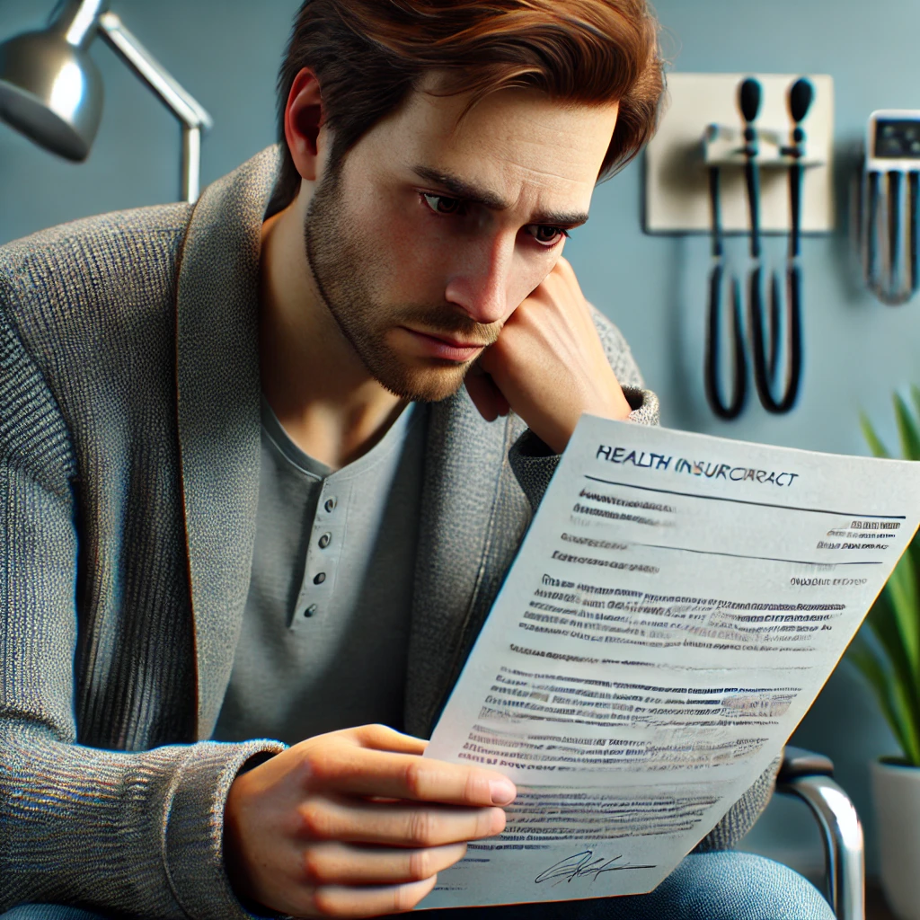 Imagem realista de um paciente sentado em um ambiente médico, como uma sala de espera ou consultório. O paciente parece ansioso e preocupado, segurando um documento enquanto olha para baixo. O fundo é minimalista, com sutis indicações de equipamentos ou móveis médicos, mantendo o foco na expressão de angústia do paciente, sugerindo que ele está enfrentando dificuldades relacionadas ao cancelamento de seu plano de saúde e à incerteza sobre seu tratamento médico.